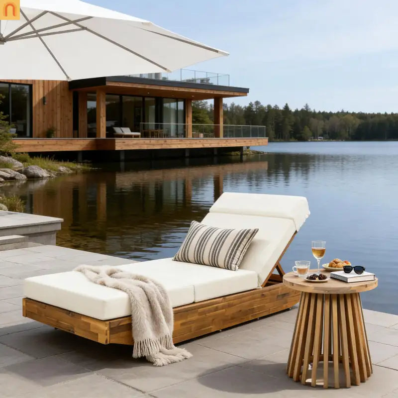 Chaise Lounge Acacia Wood Teak Beige Cushion Foldable 300 LB 79.6in