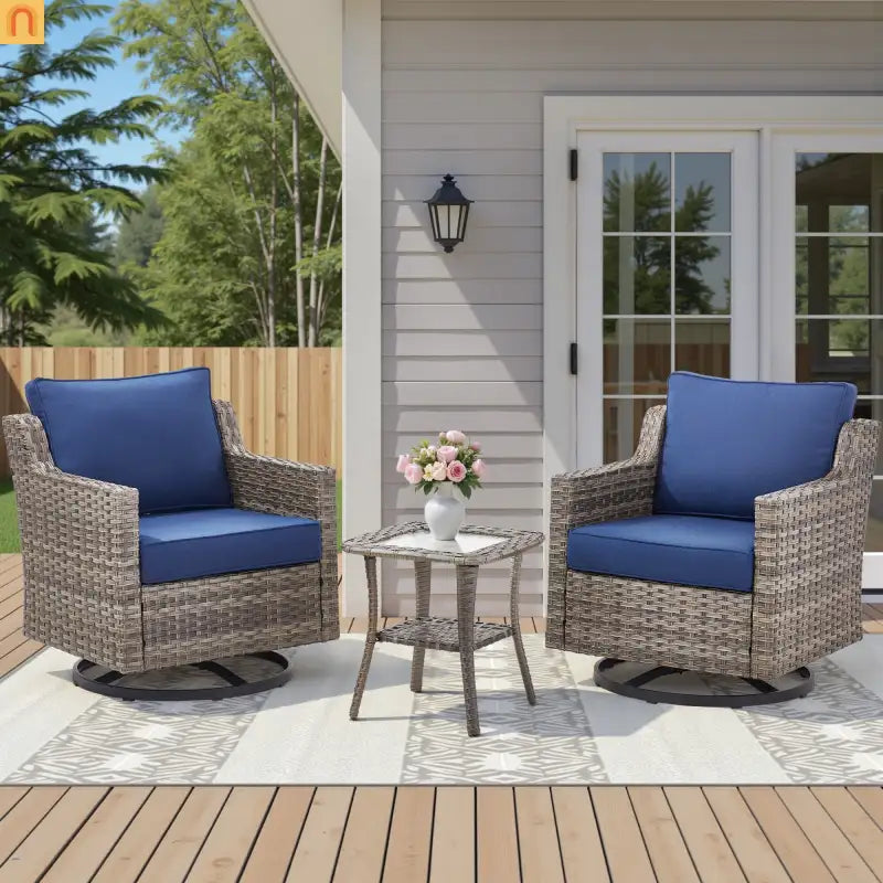 Outdoor Swivel Chair Set PE Rattan Gray 3 Piece Glass Top Side Table