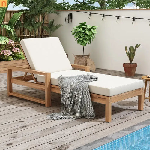 Chaise Lounge Acacia Wood Light Teak Beige Cushion 5 Position 400 LB