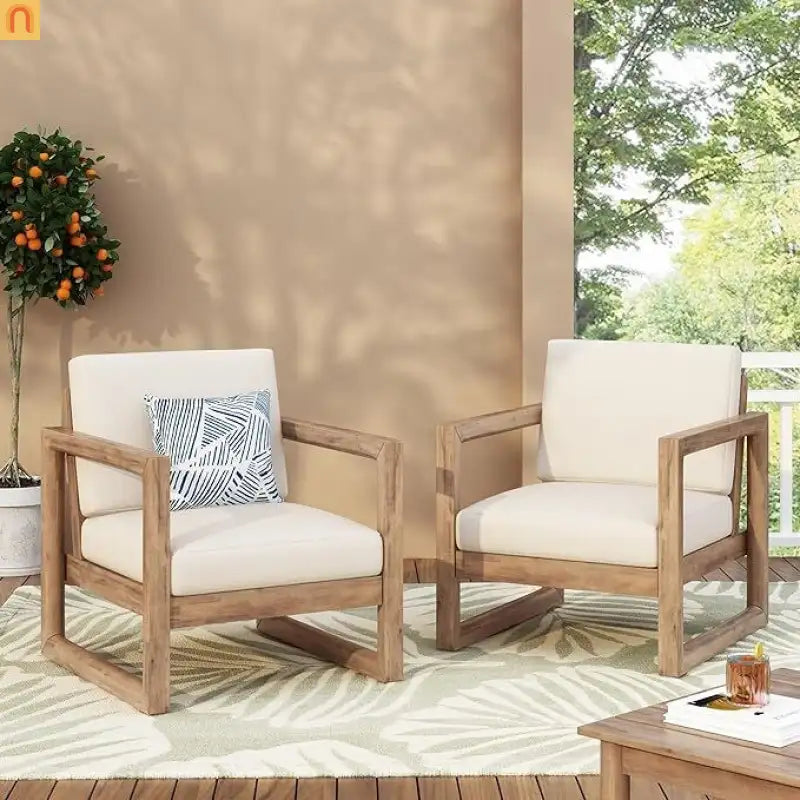 Outdoor Club Chair Acacia Wood Beige Cushion Slat Panel Set of 2