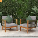 Outdoor Club Chair Set Acacia Wood Rope Accents Green Beige Set of 2