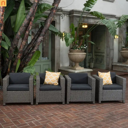 Outdoor Club Chair Faux Rattan Black Cushion Water Resistant Set of 4