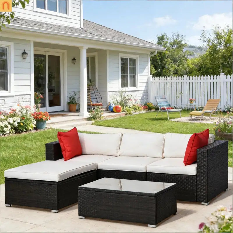 Outdoor Sectional Set PE Rattan Steel Brown Cream 5 Piece 395 LB