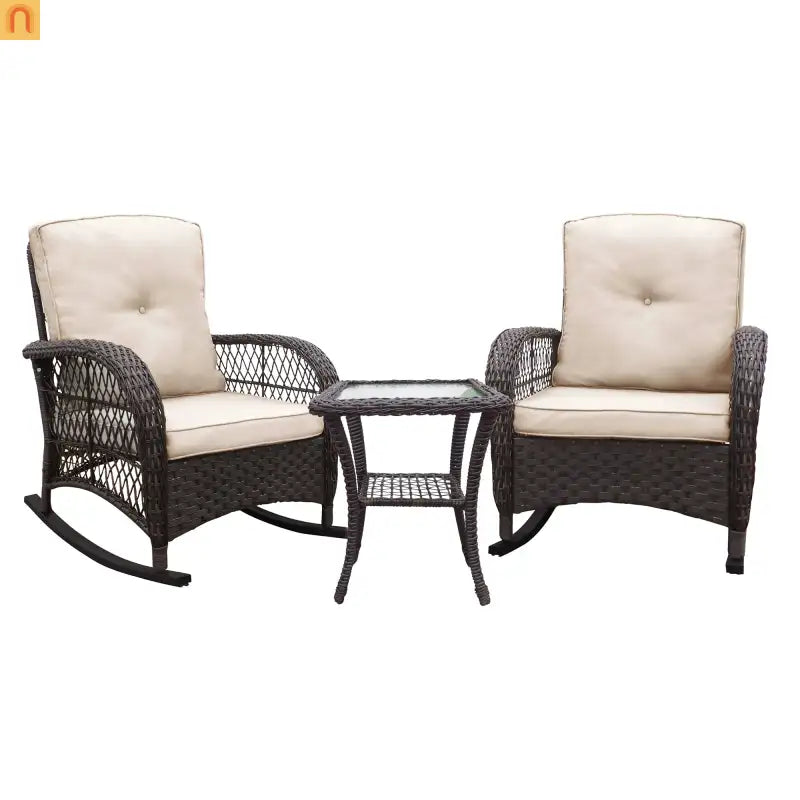 Outdoor Bistro Set PE Wicker Rocker Brown 3 Piece Glass Side Table