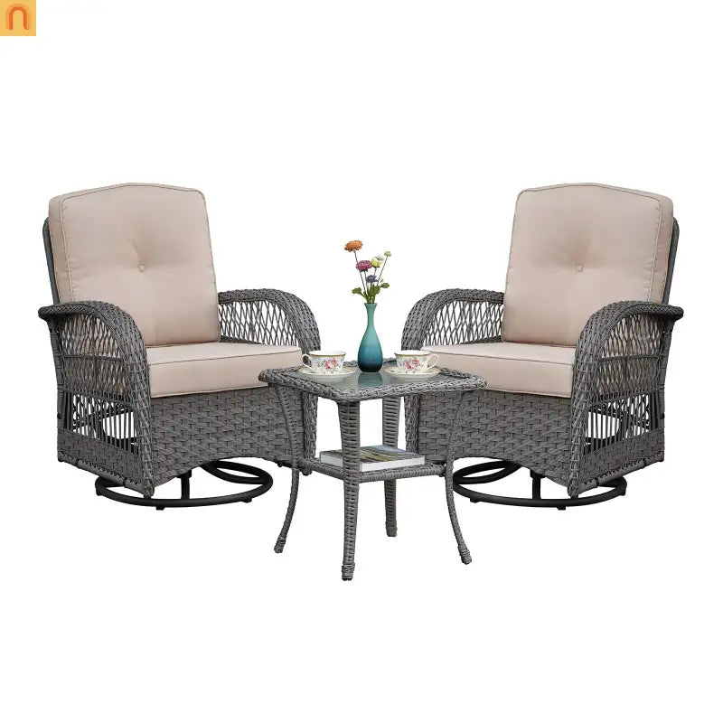 Outdoor Conversation Set Wicker Rocking Swivel Gray Glass Table 3 Piece