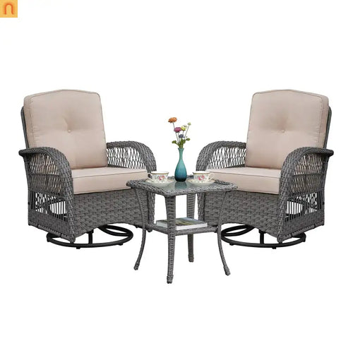 Outdoor Conversation Set Wicker Rocking Swivel Gray Glass Table 3 Piece