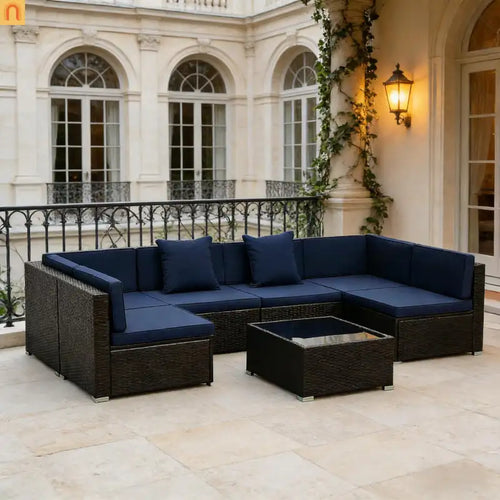 Outdoor 7 Piece PE Rattan Sectional Sofa Set Dark Blue