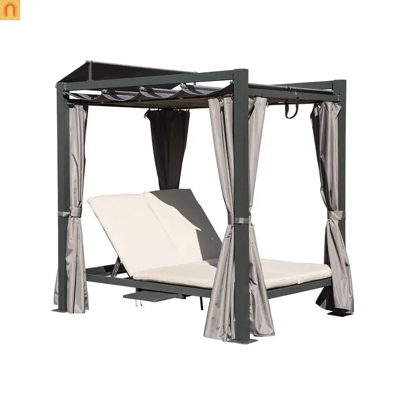 Outdoor Double Chaise Lounge Daybed Aluminum Gray Retractable Canopy