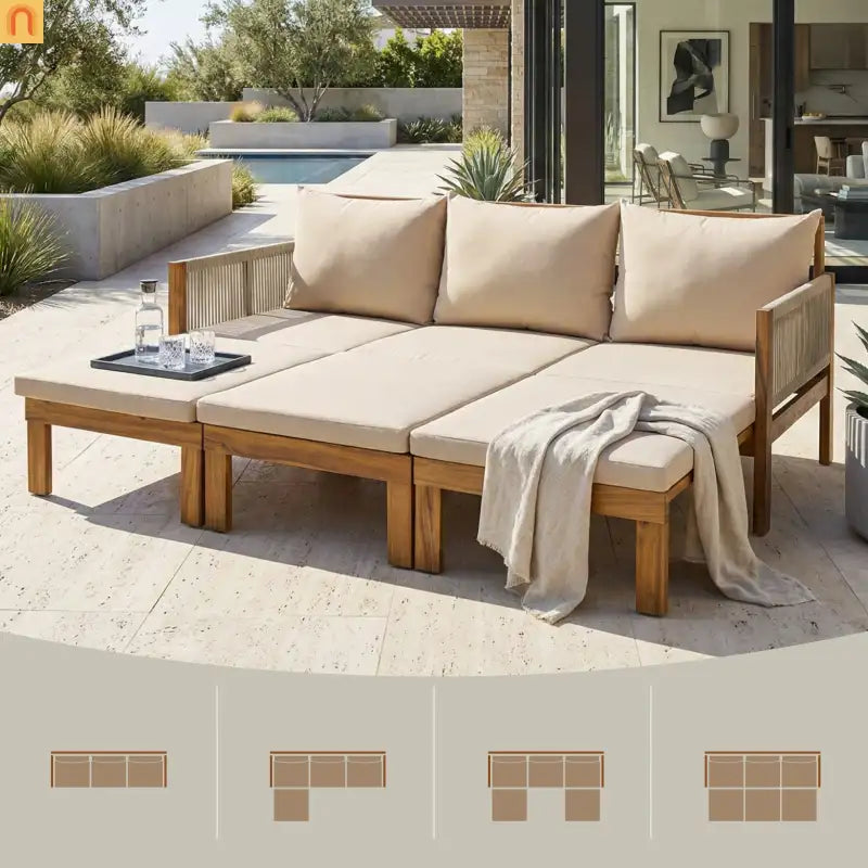 Outdoor Daybed Sofa Bed Acacia Wood Natural Brown Convertible Rope