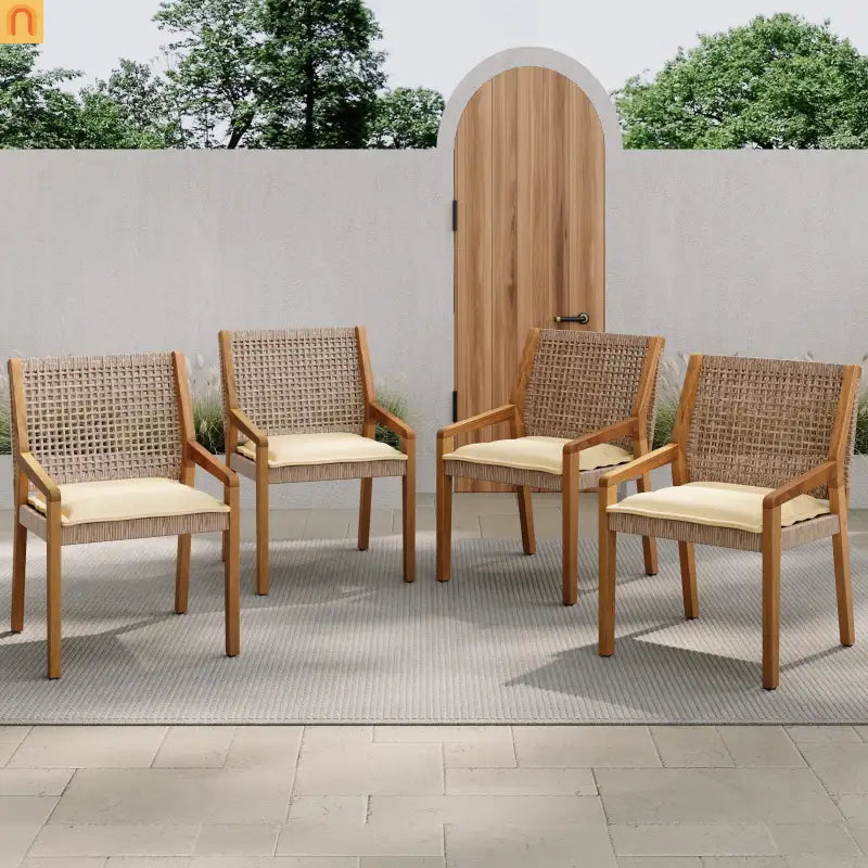 Outdoor Dining Chair Acacia Wood Wicker Teak Cream Cushion 400 LB Set 2