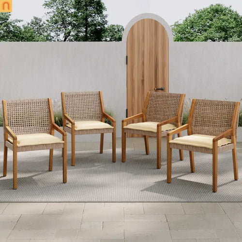 Outdoor Dining Chair Acacia Wood Wicker Teak Cream Cushion 400 LB Set 2