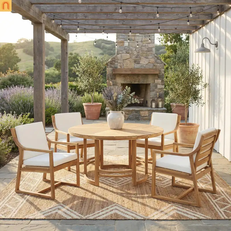 Outdoor Dining Set Acacia Wood Light Teak Beige Cushions 5 Piece Seats 4