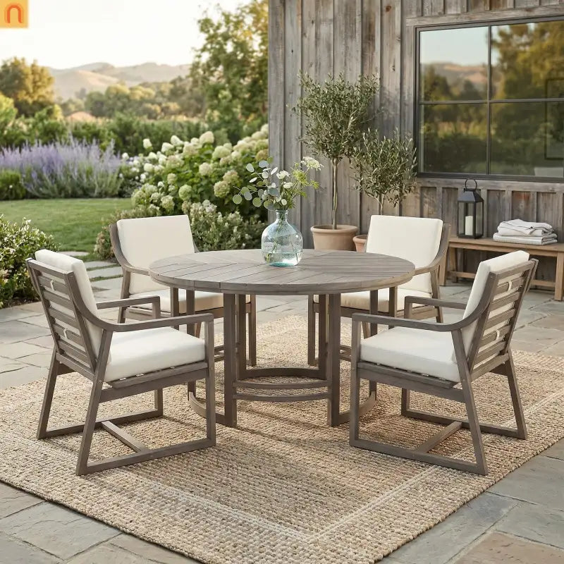 Outdoor Dining Set Acacia Wood Beige Cushions 5 Piece Umbrella Hole