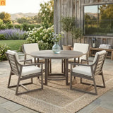Outdoor Dining Set Acacia Wood Beige Cushions 5 Piece Umbrella Hole