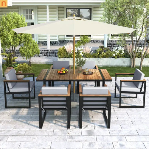 Outdoor Dining Set Acacia Wood Steel Gray Cushion 7 Piece Umbrella Hole