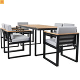 Outdoor Dining Set Acacia Wood Steel Gray Cushion 7 Piece Umbrella Hole