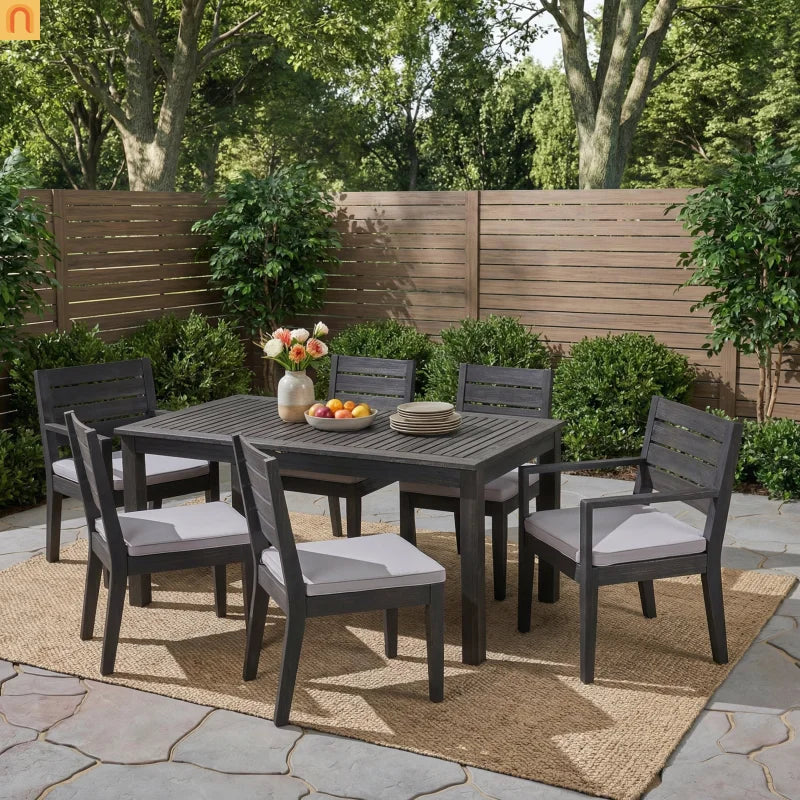 Outdoor Dining Set Acacia Wood Expandable 7 Piece Two-Tone Gray