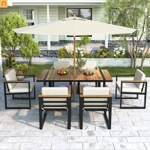 Outdoor Dining Set Acacia Wood Steel Beige Cushion 7 Piece Umbrella Hole
