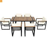 Outdoor Dining Set Acacia Wood Steel Beige Cushion 7 Piece Umbrella Hole