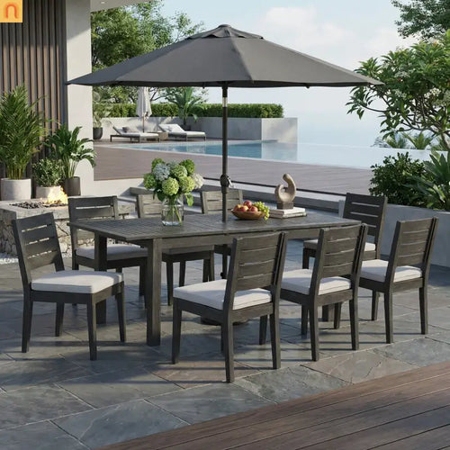 Outdoor Dining Set Acacia Wood Extendable Umbrella Hole 9 Piece Seats 8