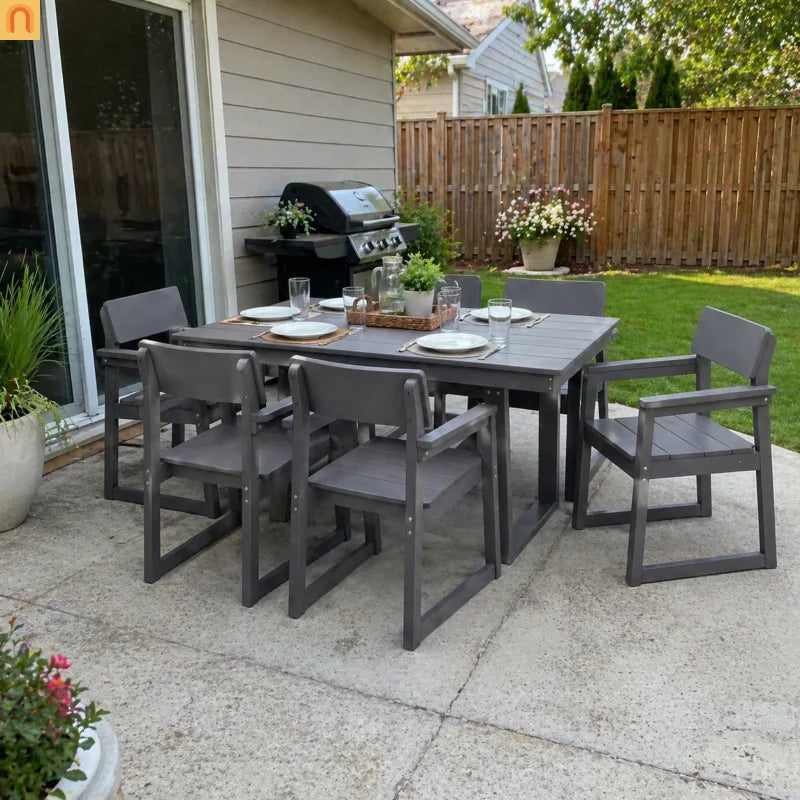 Outdoor Dining Set 6 Person HDPE Gray Weather Resistant Umbrella Hole