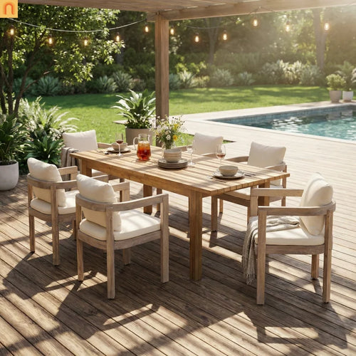 Outdoor Dining Set Acacia Wood Teak 7 Piece Expandable Cream Cushion Seats 6