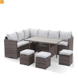 Outdoor Dining Set PE Rattan Steel Gray 7 Piece Modular Seats 9