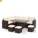 Outdoor Dining Set PE Rattan Steel Beige 7 Piece Modular Seats 9