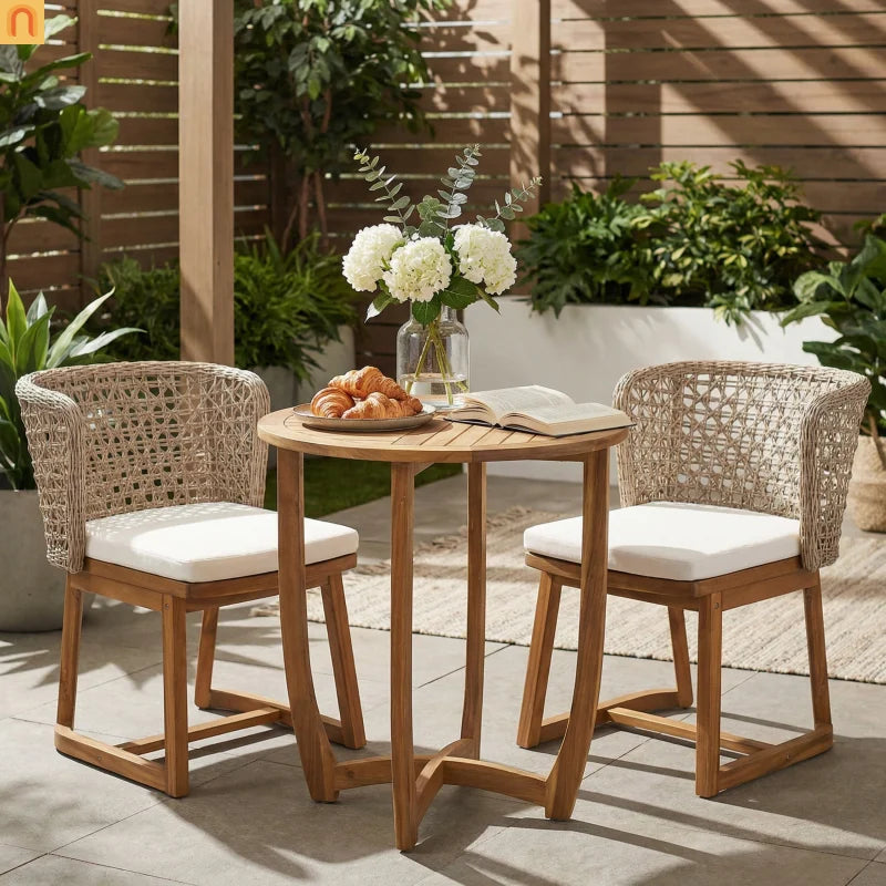 Outdoor Bistro Set Acacia Wood Wicker Chair Teak Beige Cushion 3 Piece