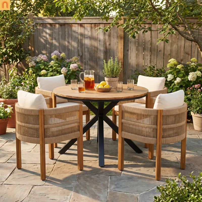 Outdoor Dining Set Round Teak Table Acacia Rope Chairs 5 Piece Seats 4