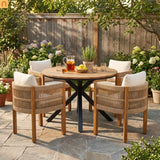 Outdoor Dining Set Round Teak Table Acacia Rope Chairs 5 Piece Seats 4