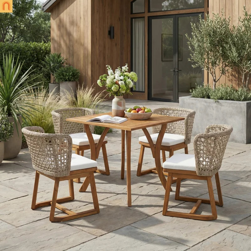 Outdoor Dining Set Acacia Wood Wicker Chair Teak Beige Cushion 5 Piece