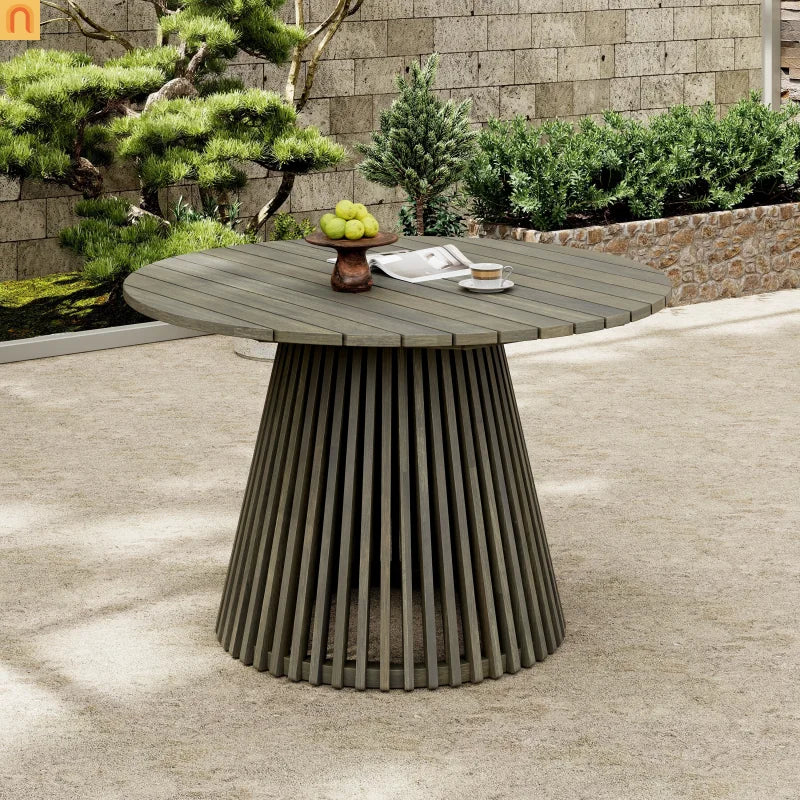 Outdoor Dining Table Round Acacia Wood Gray 47.25in 300 LB