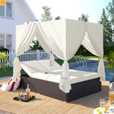 Chaise Lounge Double Daybed Steel HDPE Beige Curtain 6 Position 2 Person