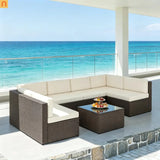 Outdoor Sectional Set PE Rattan Metal Cream Black 7 Piece Seats 6 264 LB