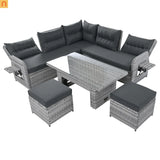 Outdoor Patio Set Rattan Iron Gray Recliner Adjustable Table 6 Piece