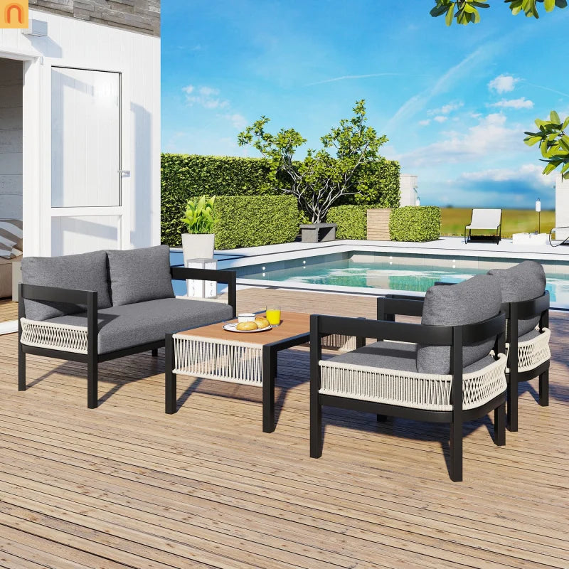 Outdoor Sofa Set Iron PE Wicker Gray with Side Table