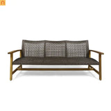 Outdoor Three Seater Acacia Wood Wicker Upholstered