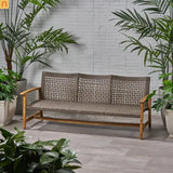 Outdoor Three Seater Acacia Wood Wicker Upholstered