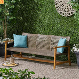 Outdoor Three Seater Acacia Wood Wicker Upholstered