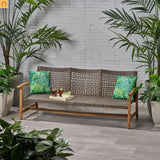 Outdoor Three Seater Acacia Wood Wicker Upholstered