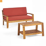 Outdoor Conversation Set Acacia Wood Teak Red Cushions 2-Piece