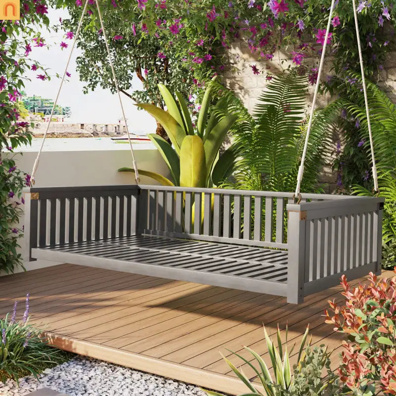 Outdoor Swing Bed Acacia Wood Gray 2-Person 350 lb Cap 79in