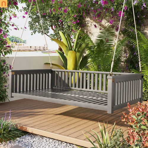 Outdoor Swing Bed Acacia Wood Gray 2-Person 350 lb Cap 79in