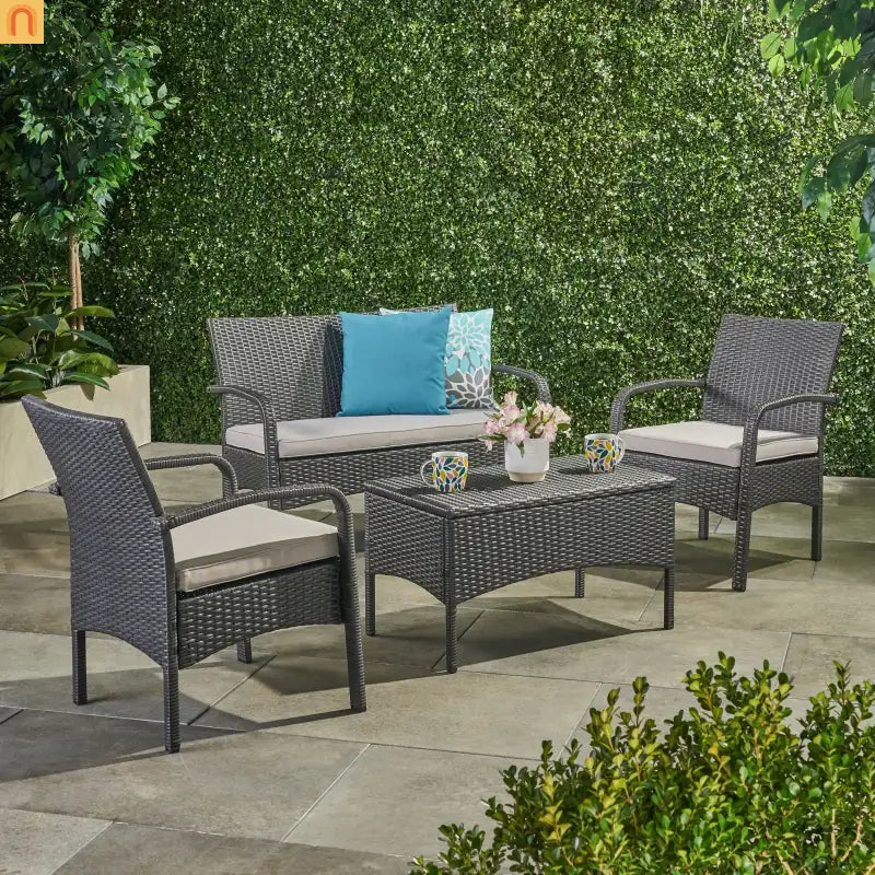 Outdoor Chat Set PE Rattan Gray 4-Piece Waterproof Cushions