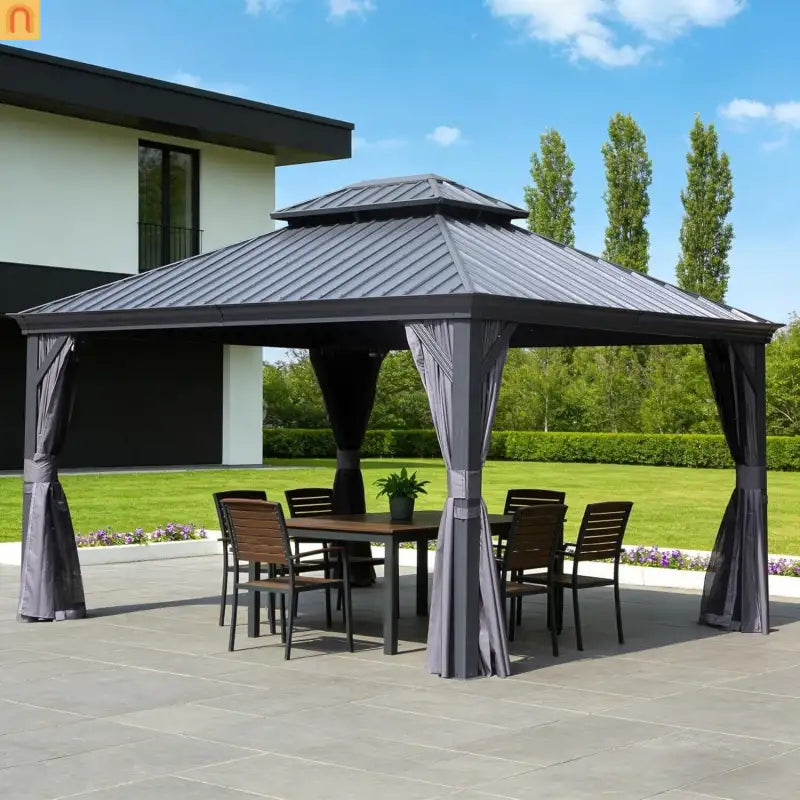 Hardtop Gazebo Steel Gray 13x15ft Curtains Netting 40MPH