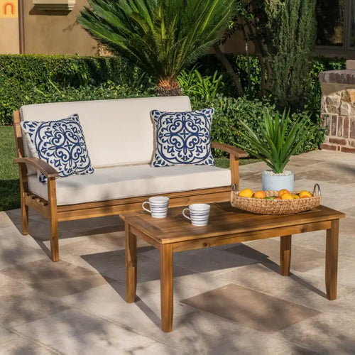Outdoor Loveseat Set Acacia Wood Teak Cushions with Table 51in