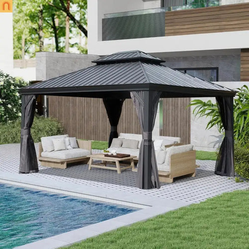 Hardtop Gazebo Steel Gray 10x13ft Curtains Netting 40MPH