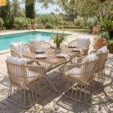 Outdoor Dining Set Teak Table Wicker Chairs Beige 7 Piece Seats 6