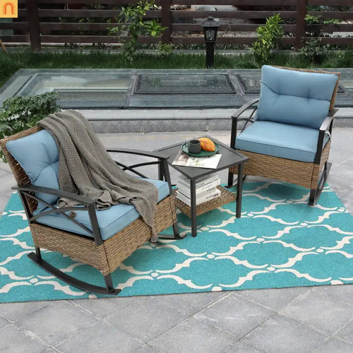 Outdoor Rocking Chair Set Rattan Steel Blue 3-Piece with Table